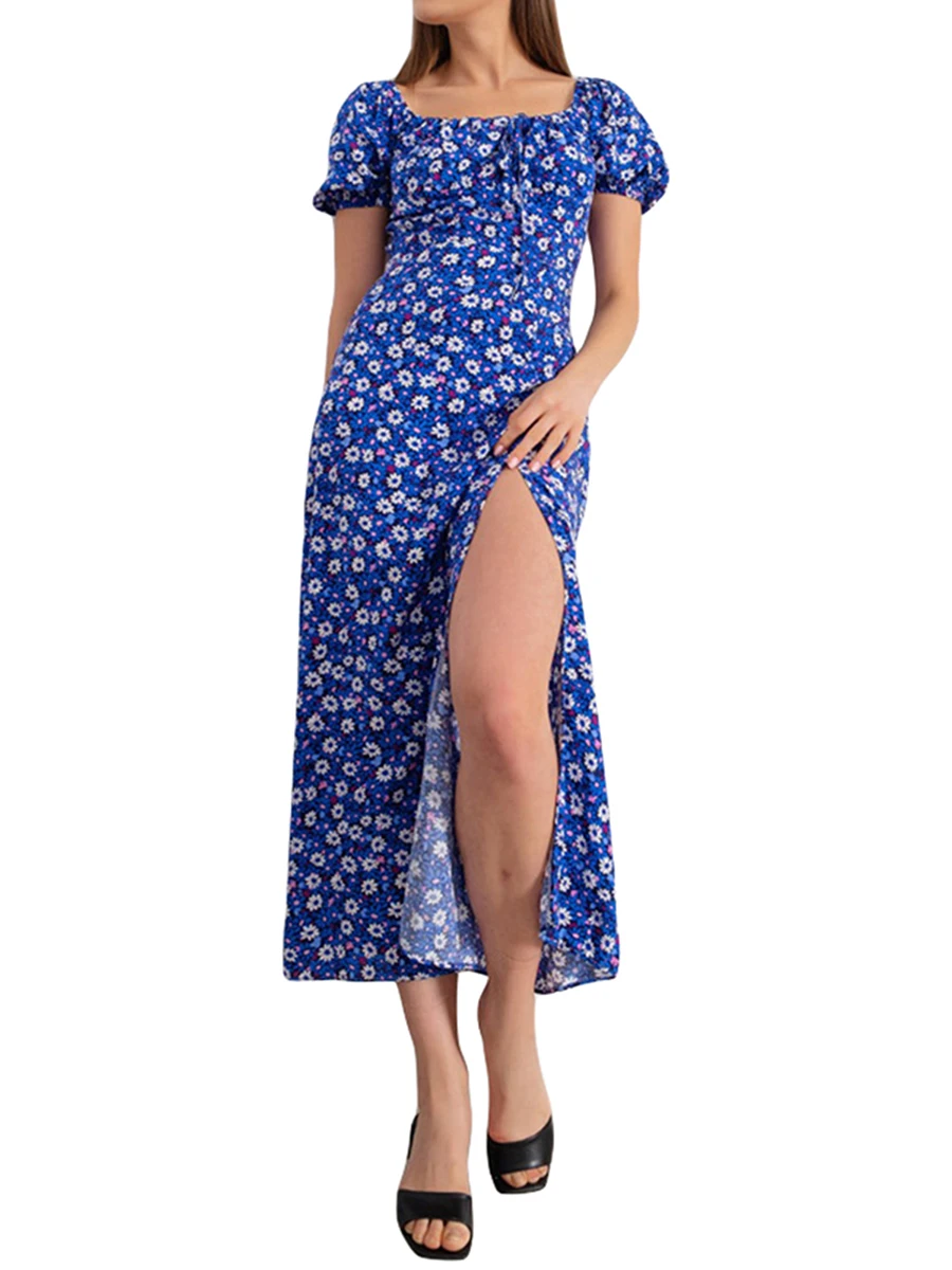 

Womens Cottagecore Dress Puff Sleeve Cottage Core Dress Square Neck Floral Tie Front Ruffle Floral Boho Beach Dresses
