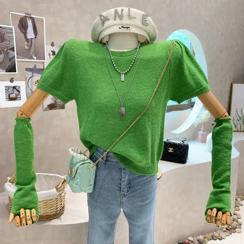 

Новинка, женская одежда, весна 2022, дизайнерский однотонный пуловер с короткими рукавами-фонариками, вязаная рубашка с рукавом, Топ