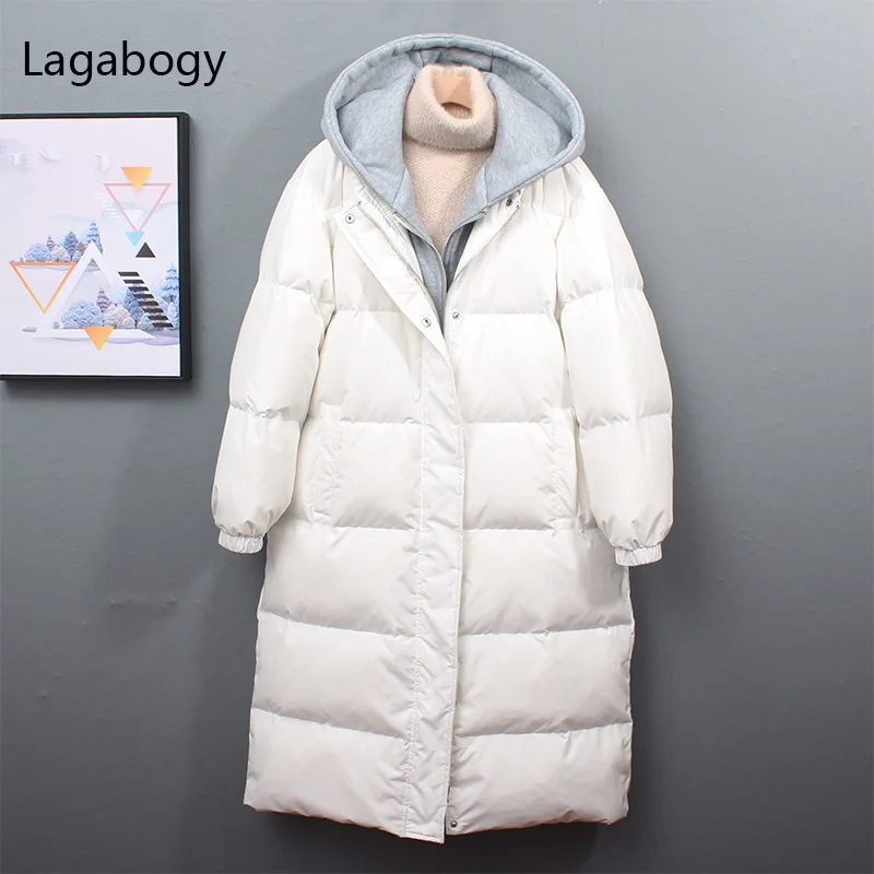 Winter White 2023 90% New Duck Women Down Coat Hooded Thick Warm Puffer Jacket Female Loose Fake Two Long Snow Parkas