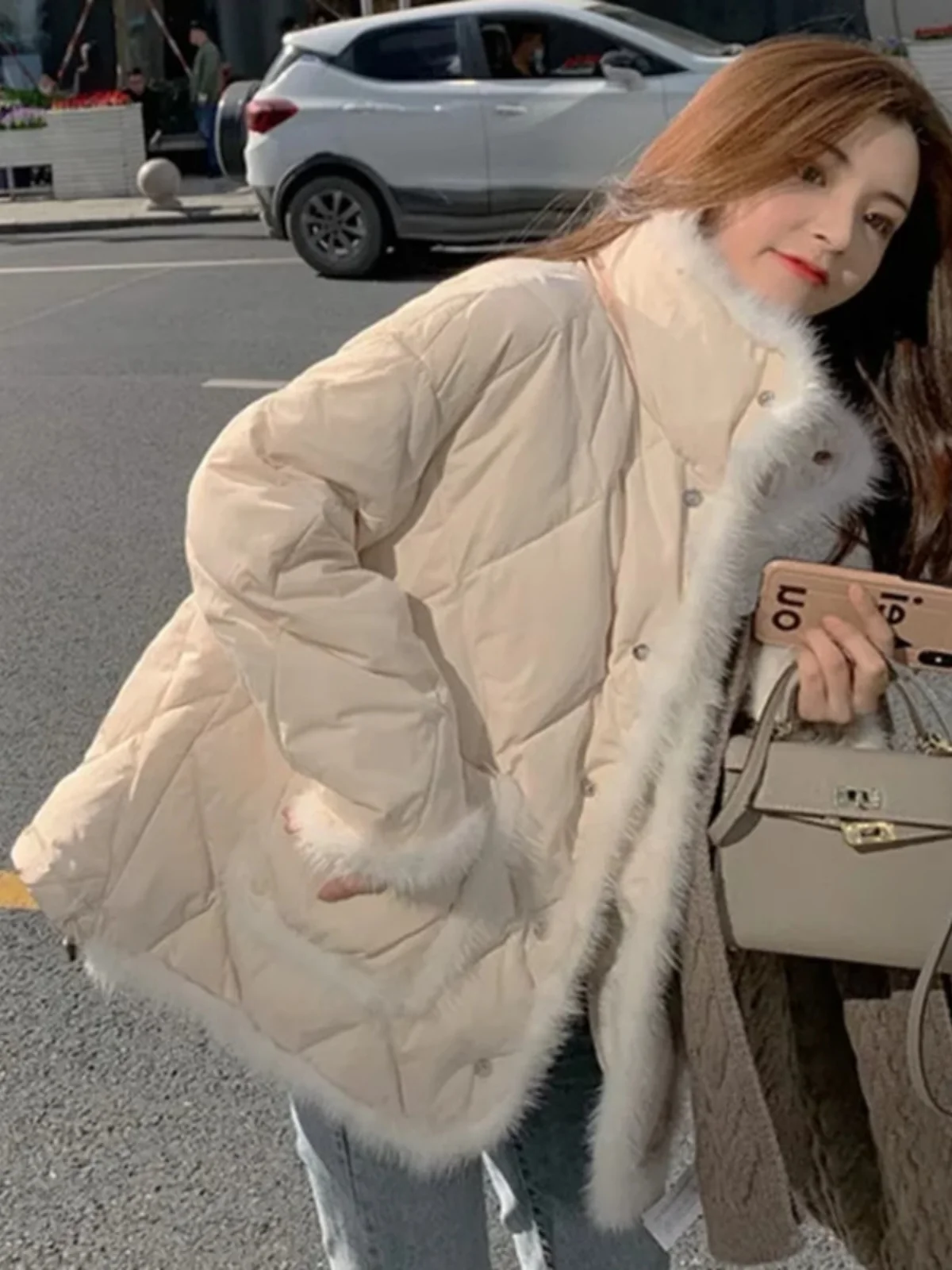 Fashion Patchwork White Frayed Cotton-Padded Coat for Women 2025 Winter New Rhombus Small Korean Sle Loose Outerwear