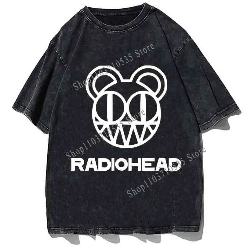rockowa zespołu rockowego Radiohead T-shirt z nadrukiem Vintage Washed Loose Oversize Wysokiej jakości bawełna Mężczyźni Kobiety Koszulki