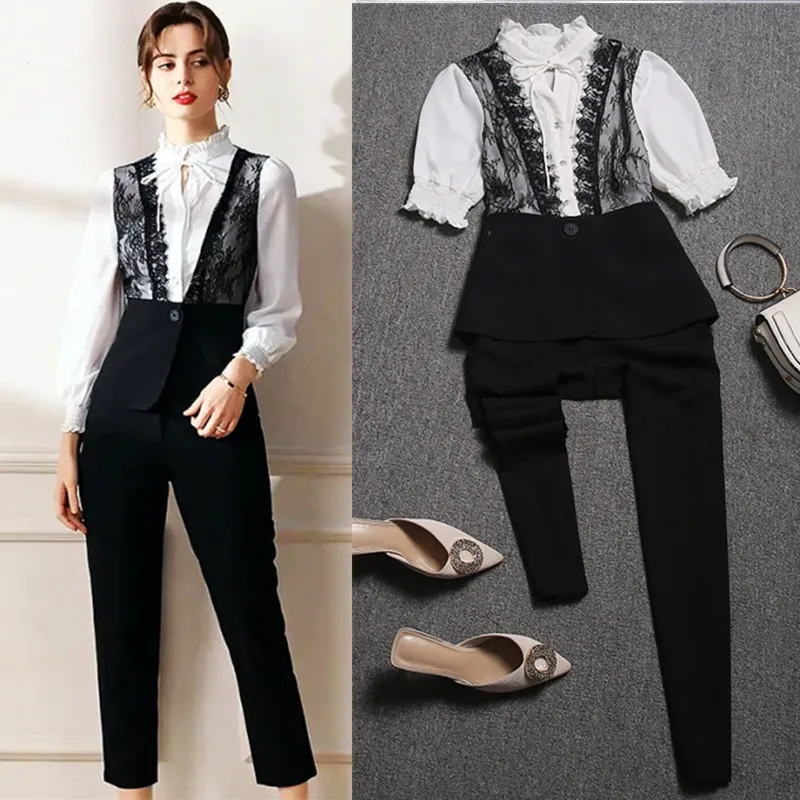 

Office Ladies Suits Style Women Elegant Ruffles Neck Lace Spliced Blouses Tops And Slim Pants Twinsets OL Clothing Set NS317