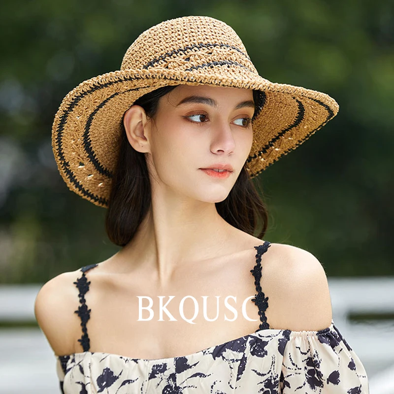 

Summer New Women's Straw Hat Female Elegant Sweet Pastoral Style Straw Woven Pattern Sun Hat Big Wide Brim Sunscreen Beach Hats