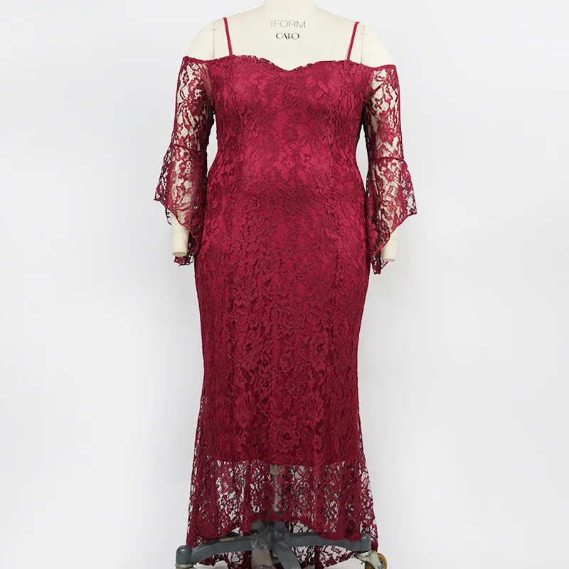 Plus Size Womens Clothing Black Off Shoulder Long Sleeve Evening Party Elegant Lace Hook Flower Hollow Backless Plus Size Dress