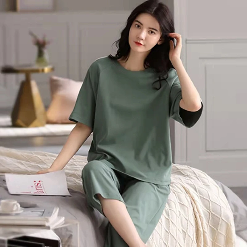 Autumn Thin 2pieces Pyjamas Set Women 2022 Cotton Round Neck Girls Pajamas Sets Teacup Cat Full Sleepwear Clothess Sleep Tops