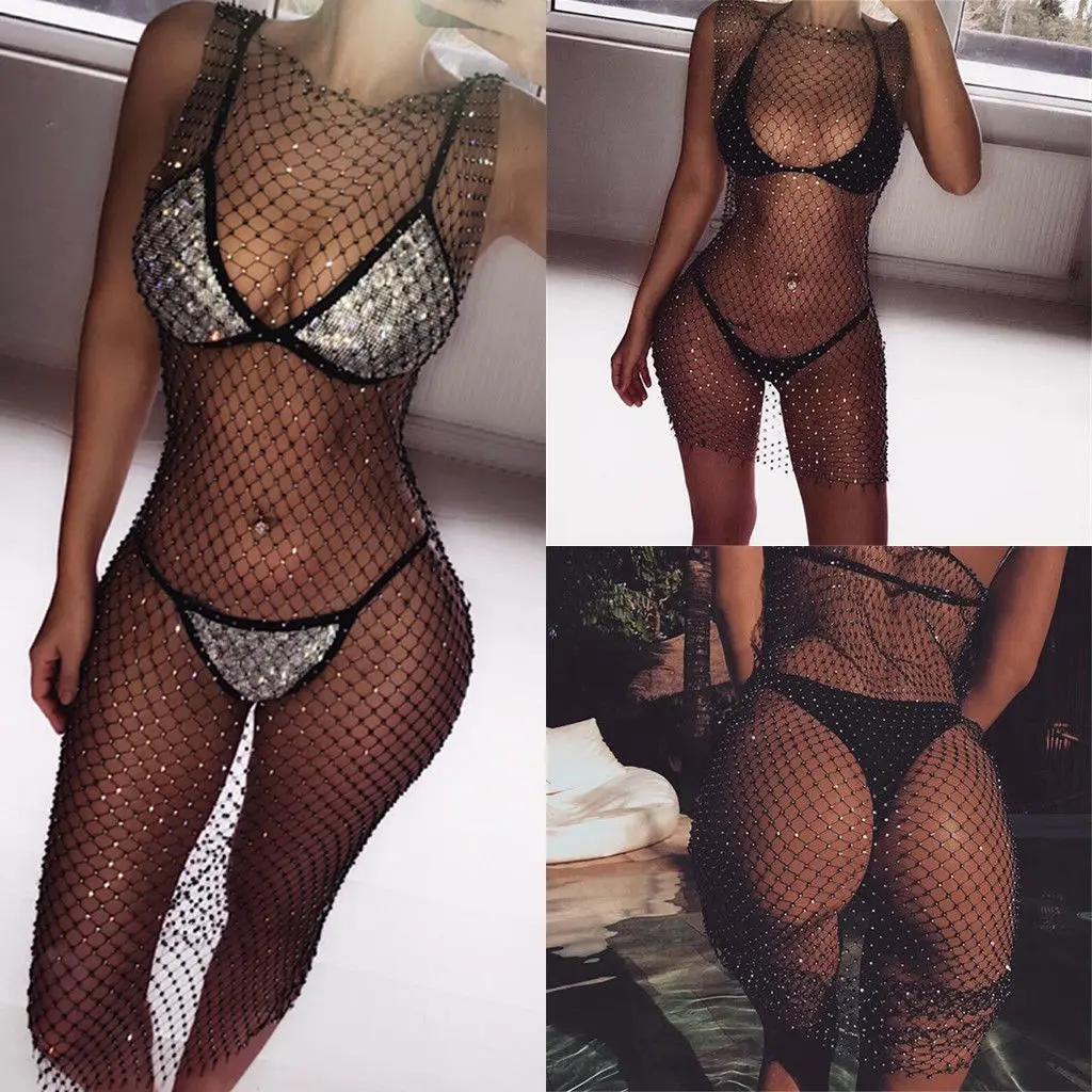 

Fishnet Diamond Beach Cover Up Women Bikini Crystal Cover-ups Dress Hollow Out Crochet Mesh kaftan Swimsuit Swimwear Dresses
