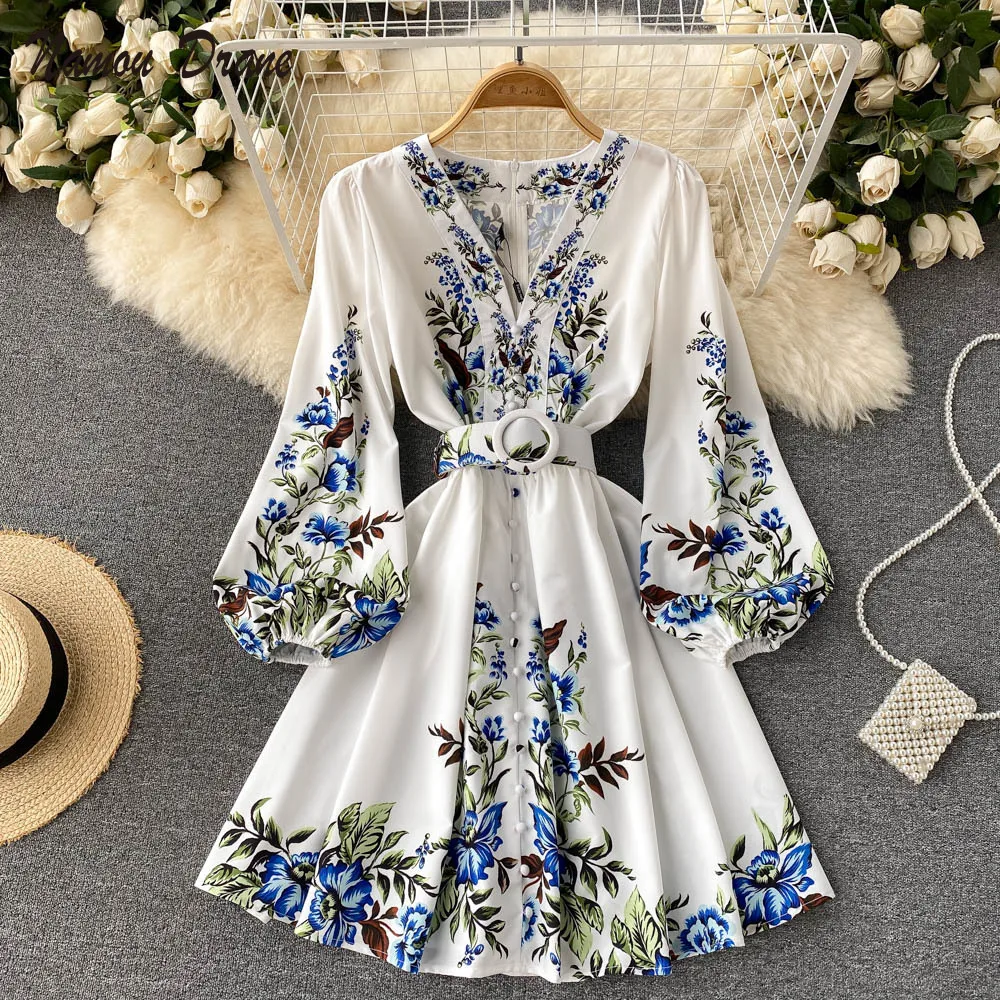 

Women Palace Style Dress Female Design Sense Minority Printing Bubble Sleeve Age-reducing Slim Short Style Small Dress Female