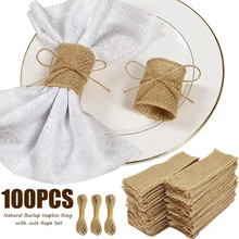 100pcs Natural Burlap Napkin Ring with Jute Rope Set Disposable Napkin Band Bulk Table Decor Wedding Dinner Country Party Decor