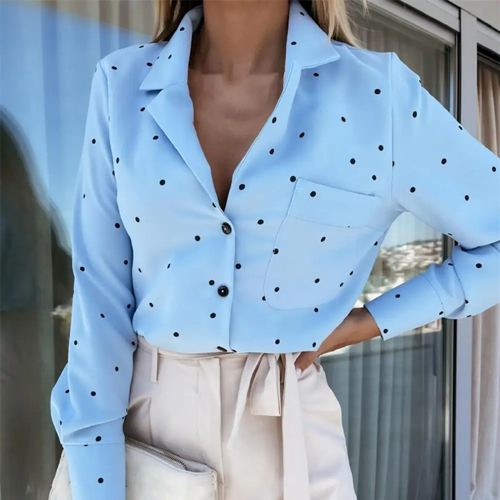 

Женская офисная блузка в горошек, хлопковая Повседневная рубашка с отложным воротником и длинным рукавом, с карманами, новинка весны 2022
