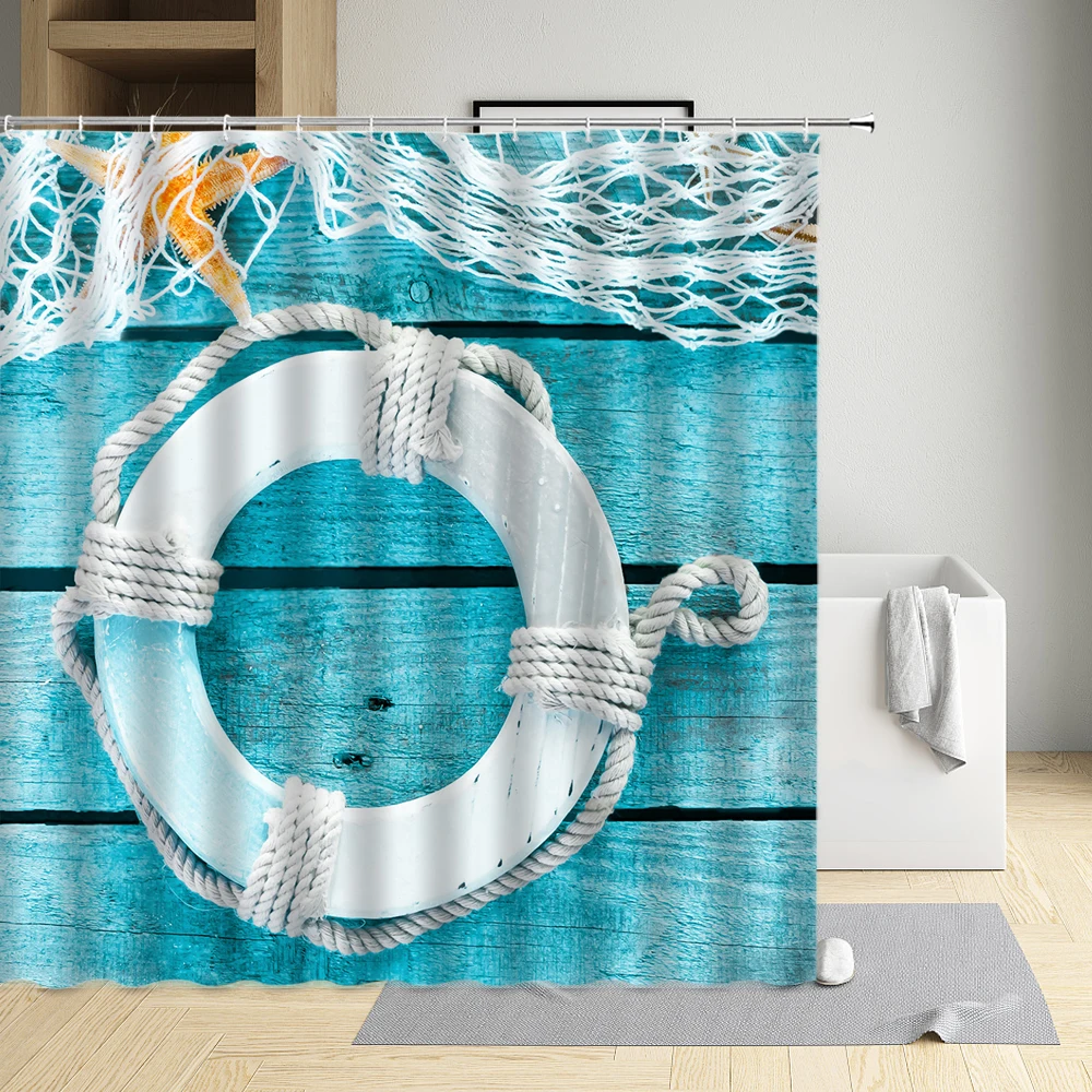 

Summer Shower Curtain Beach Swimming Ring Palm Tree Starfish Drifting Bottle Fruit Juice Shell Waterproof Cloth Bathroom Decor