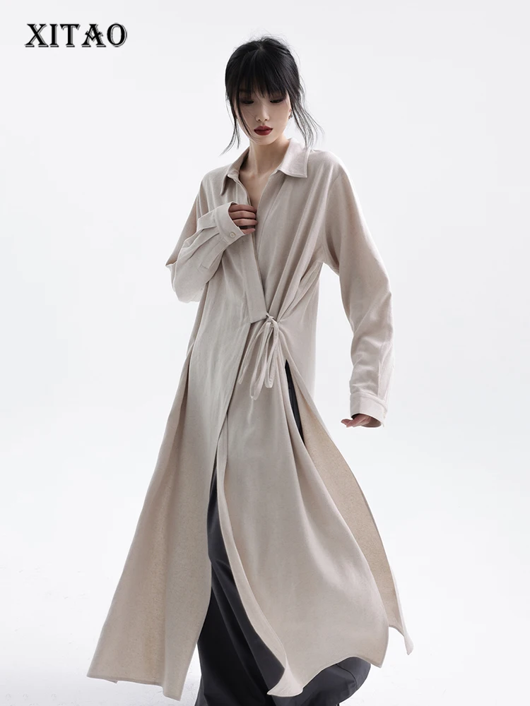 

XITAO Vintage Lace-up Dress Solid Color Casual Fashion Loose Slit Hem Summer New Simplicity Long Sleeve Shirt Dress SMH1965