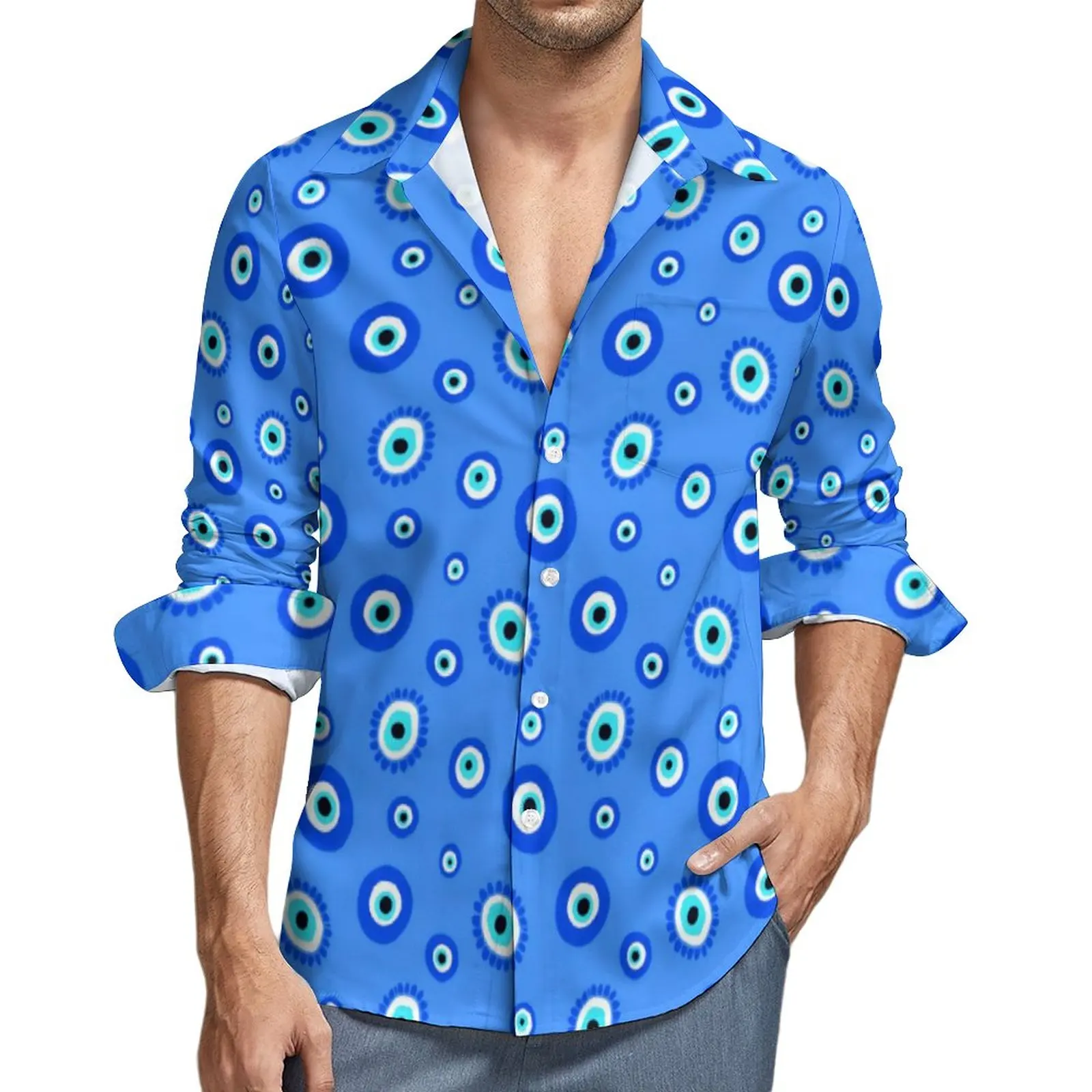 Greek Evil Eye Shirt Man Lucky Blue Talisman Casual Shirts Autumn Stylish Graphic Blouses Long Sleeve Retro Oversized Clothes