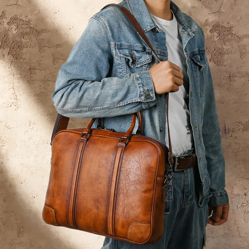 Vintage Horizontal Men's Briefcases Bag Genuine Leather 15-Inch Laptop Tote Bag Large Capacity Male Shoulder Messenger Bag
