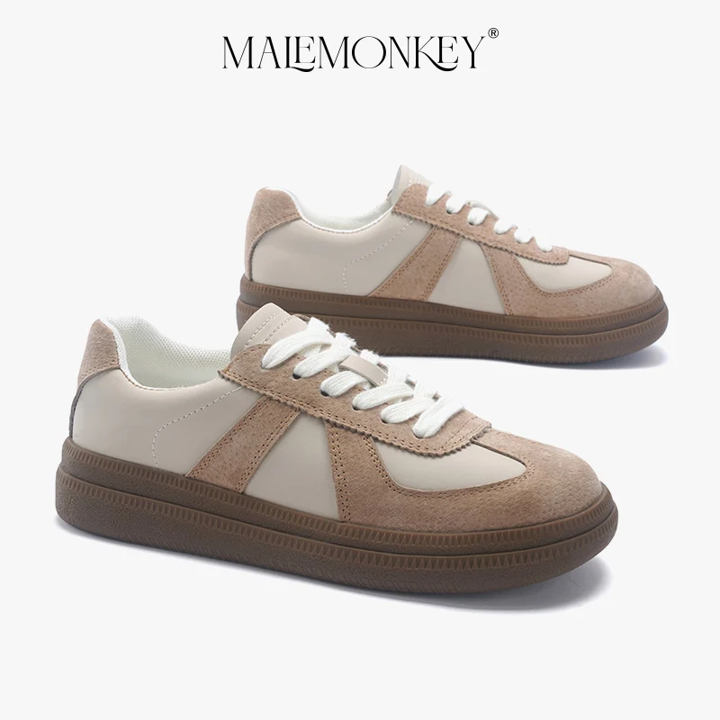 MALEMONKEY Casual Sneakers Women Suede Lace-up Flats Spring Round Toe Ladies Shoes Comfortable Breathable Trainers Handmade