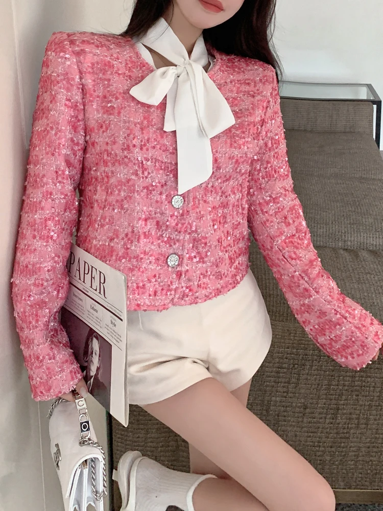 Женский пиджак с блестками розовый блейзер круглым вырезом и длинным рукавом в