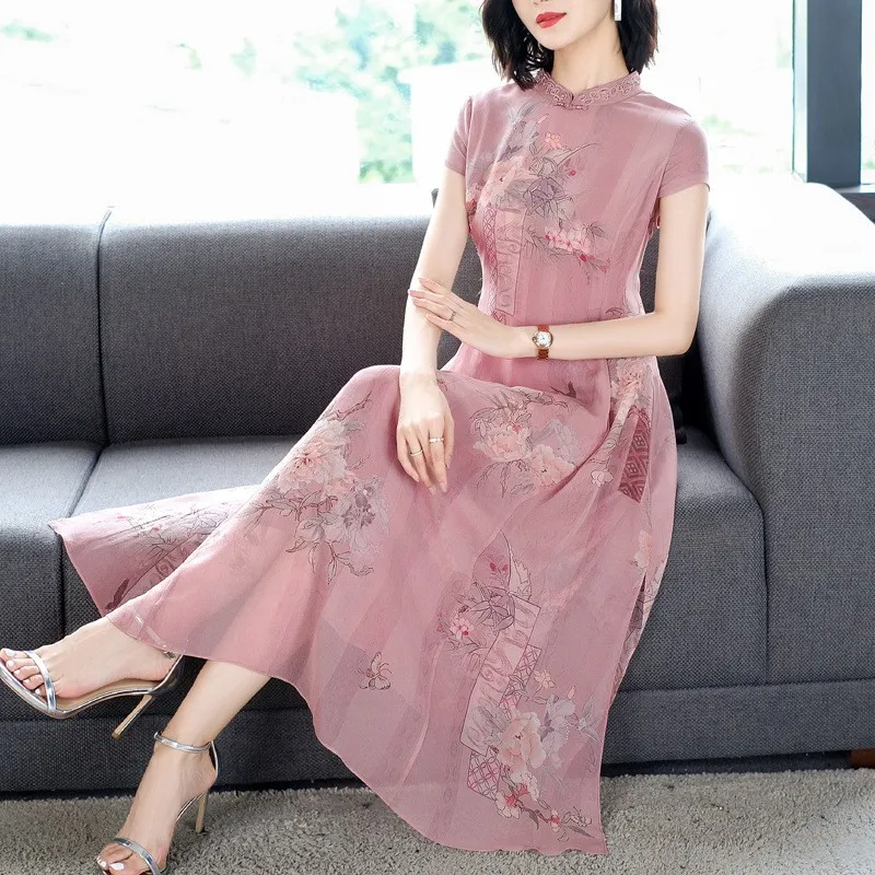 

Vintage Chinese Style Mulberry Silk Retro Improved Cheongsam Women Loose Elegant Summer New Femininity Long Daily Qipao Dress
