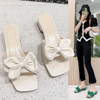 2022 new summer ladies slippers fairy wind sandals wear square toe open toe bow lazy thick heel sandals 34 43