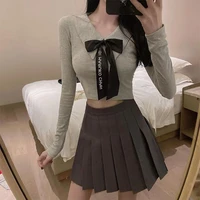2022 summer new college style uniform suit sexy navel bow long sleeved short top high waist pleated skirt sexy party satin silk