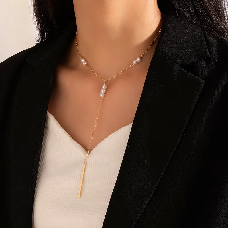 

Ожерелье с металлической подвеской-палочкой, Женская цепочка до ключицы с искусственным жемчугом, короткие ожерелья, женская бижутерия 2022, ...