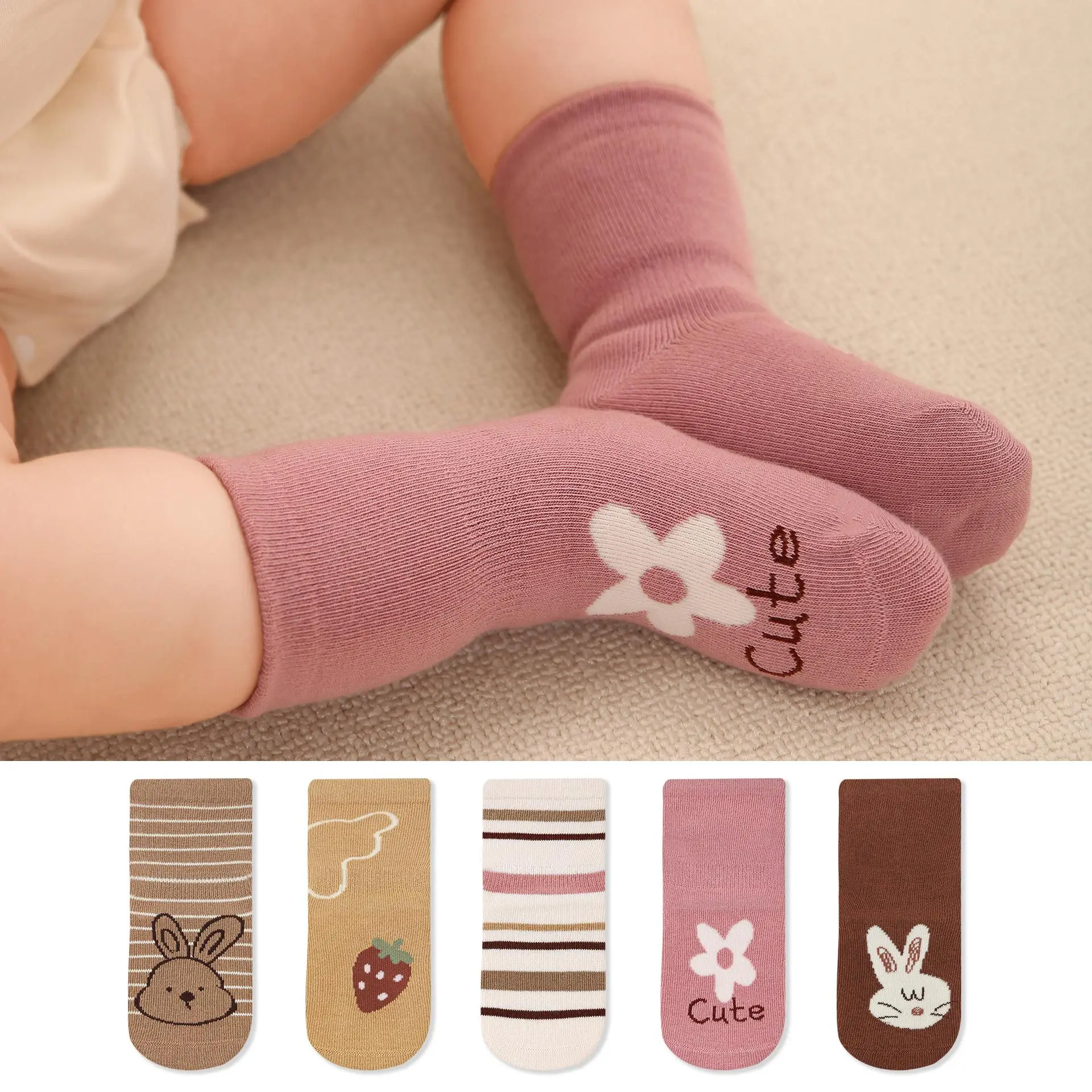 

2023 Autumn Winter 5 Pairs/Lot Socks 1-12Years Kids Baby Cotton Rabbit Printing Cute Socks Boys Girls Infant Toddler Short Sock