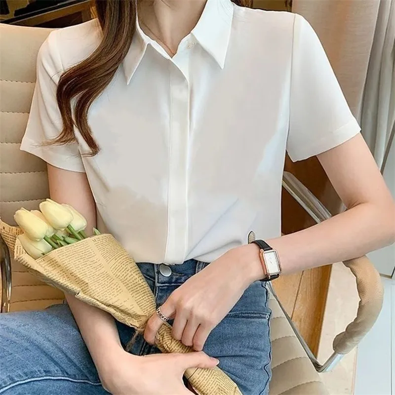 

Spring Summer Professional Work Blouse Woman Polo-Neck Short Sleeves Shirts Ladies Chiffon Shirts Tops Womens Plus Size Clothing