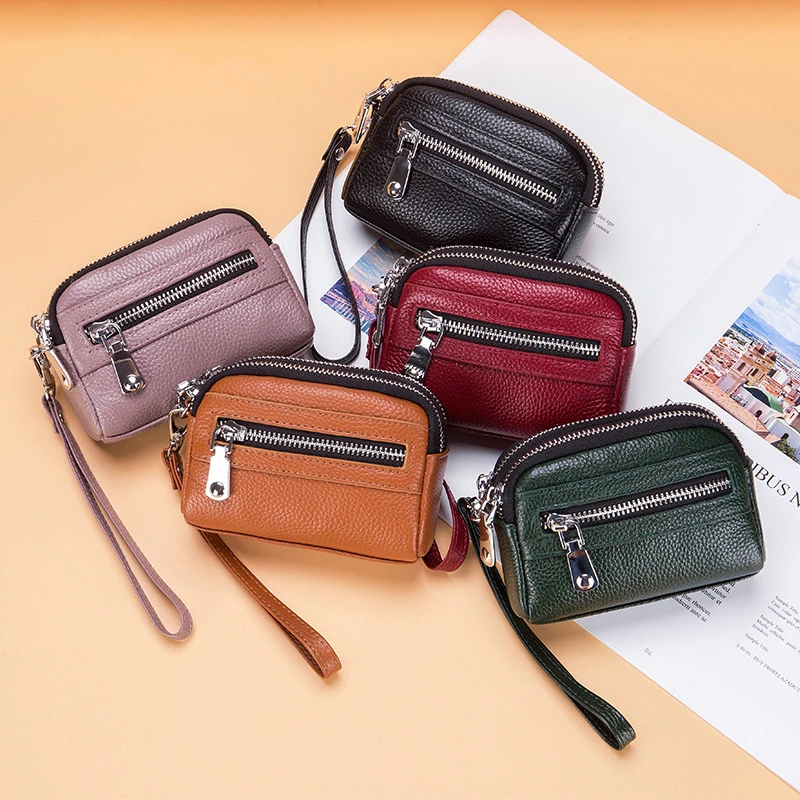 Women Multifunctional Coin Purse Genuine Leather Small Double Zipper Large Capacity Key Pouch Travel Card Holder Fashion Bags