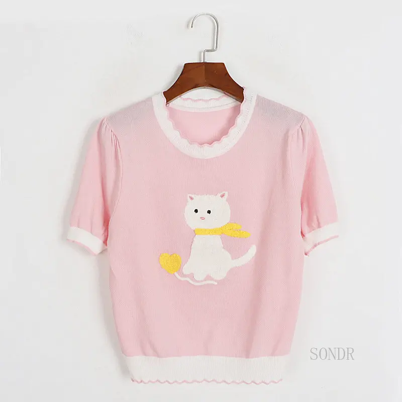 

Милая розовая футболка 2023, летние топы, свитер из вискозы, рубашка, Женский Тонкий Топ, футболка с коротким рукавом и вышивкой кошки, кавайная одежда