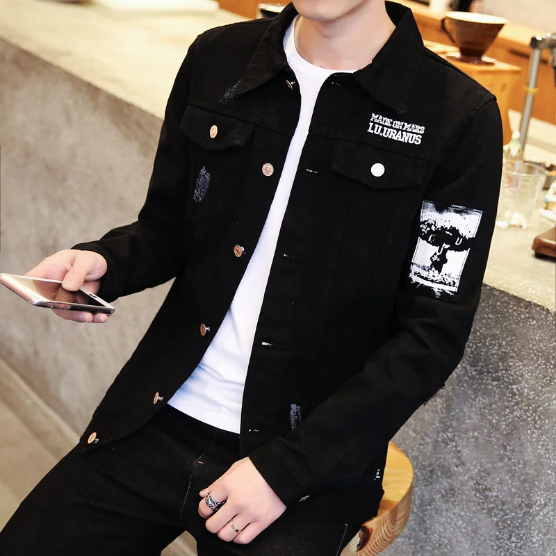 

Harajuku Ripped Jeans Jacket Men Black Streetwear Destroy Casual Slim Denim Jeans Men Windbreaker Bomber Jacket