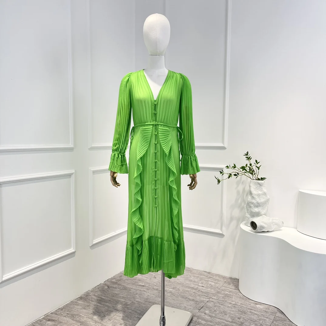 

Green Pleated Chiffon Empire Waist Front Buttons Ruffles Ptachwork Elasticated Ruffle Cuffs Midi Dress
