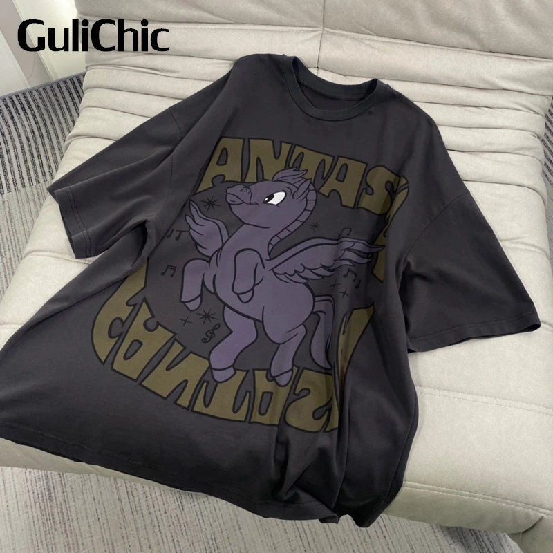 

6.2 GuliChic Women Fashion Cartoon Letter Print Cotton Half Sleeve Round Neck Loose T-Shirt