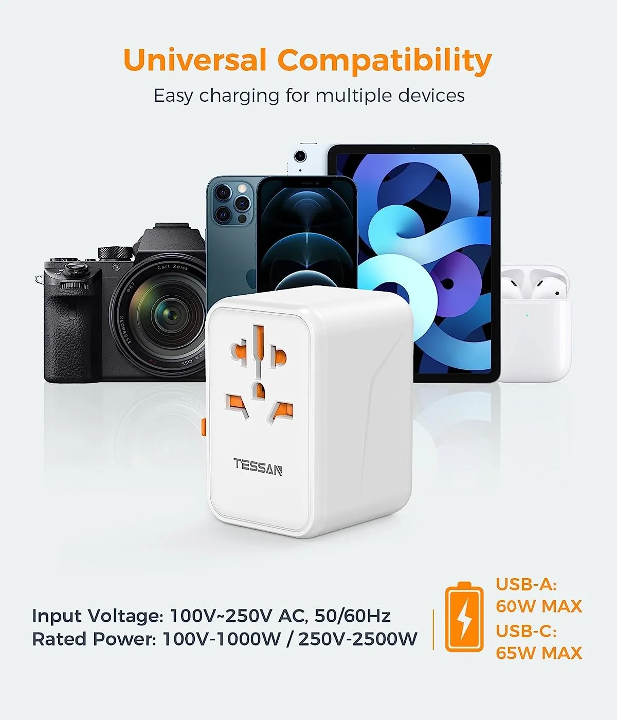 Зарядное устройство TESSAN 65 Вт универсальный адаптер для путешествий с 2 USB-портами