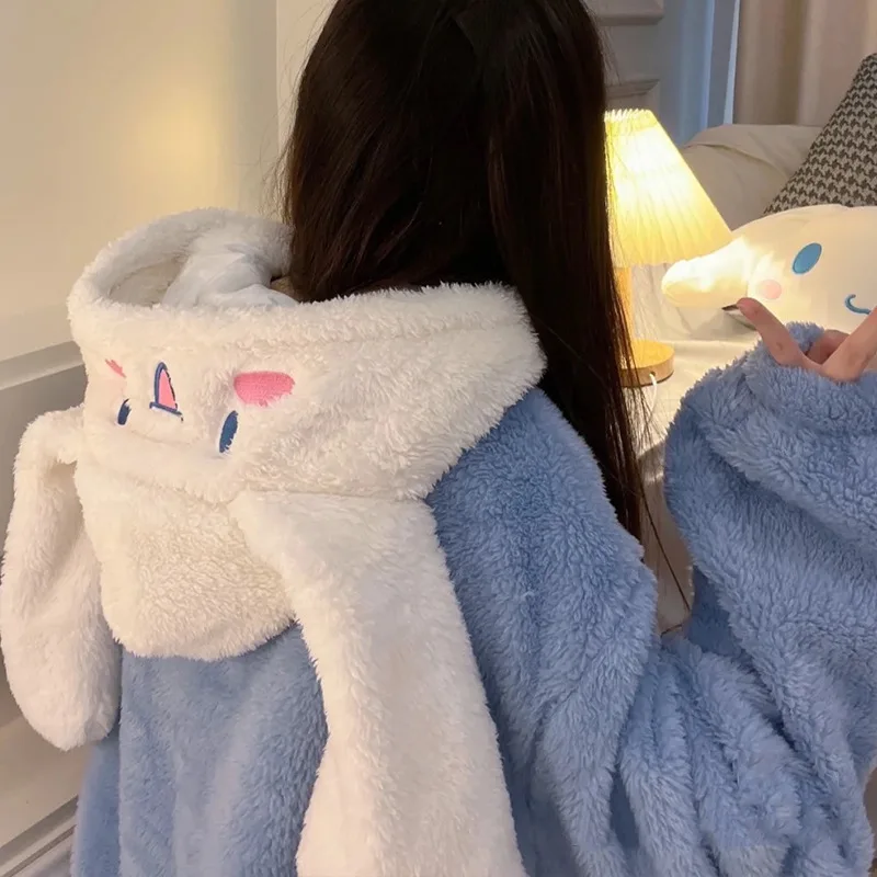 Sanrios Cinnamoroll My Melody Kuromi Hellokittys Thickened Fleece Coral Fleece Nightgown Anime Kawaii Lovers Pajamas Set Winter images - 6
