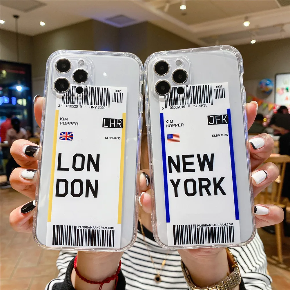 

Hot New York Los Angeles City Air Ticket Phone Case For iPhone 7 8 Plus 13 12 11 Pro X XS Max XR Hot London Moscow Clear Cover