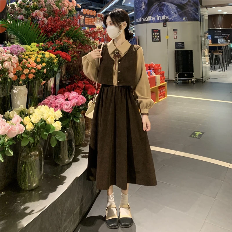 

Long Sleeves Womens Dress Chic Design 2022 Spring Midi Skirt French Hepburn Elegant Style Polo Collar Black Fashion Female Dress