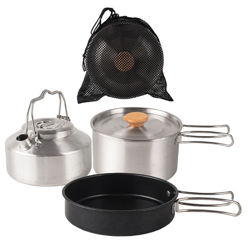 

Picnics Pan Set Camping Cooking Pots Pans & Kettle with Lid Stainless Containers