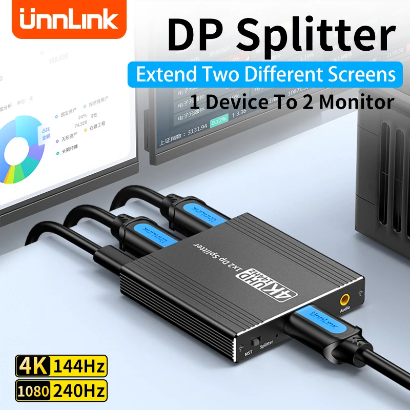 Разветвитель Unnlink DisplayPort 1x2 UHD 4K 144 Гц DP-разветвитель MST Hub с аудио для 1 устройства ПК