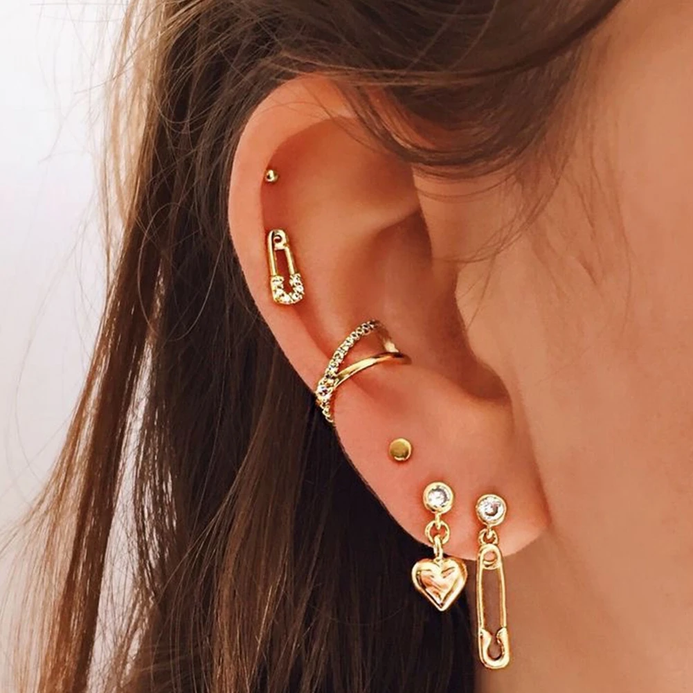 

Trendy Gold Color U-shaped Crystal Paper Clip Stud Earrings Set For Women Punk Metal Heart Safety Pin Earrings Hiphop Jewelry