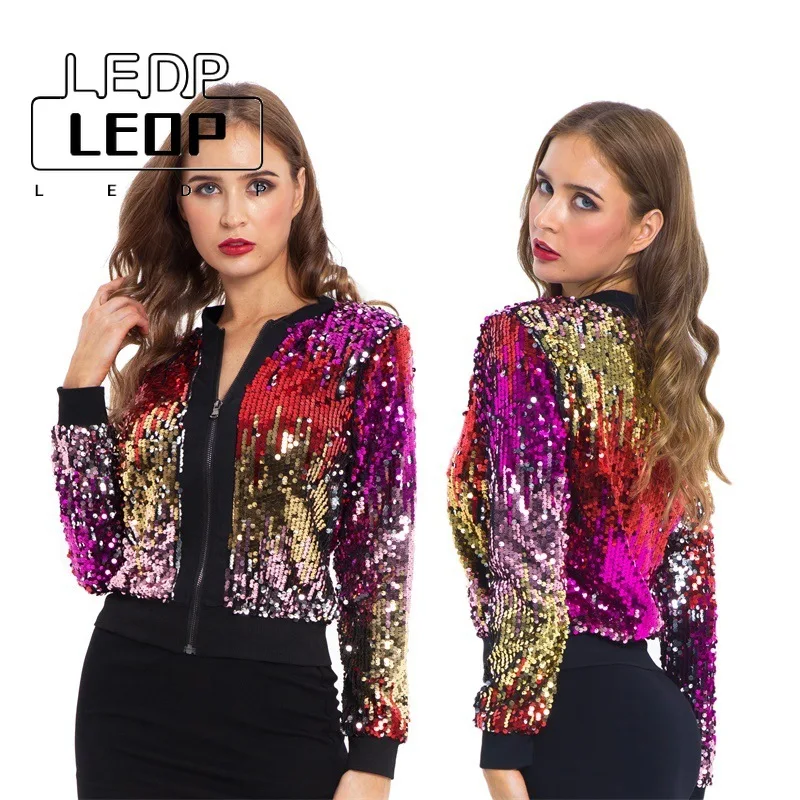 

LEDP Spring Autumn Fashion Elegant Coat Ladies Glitter Sequin Bomber Jacket V Neck Long Sleeve Zipper Glitter Clubwear Women