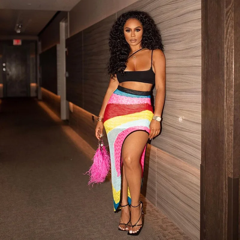 

Adogirl Knitted Stitching Color Slit Maxi Skirt High Waist Elastic Woman See Through Pencil Skirts Party Club Outfits Long Skirt