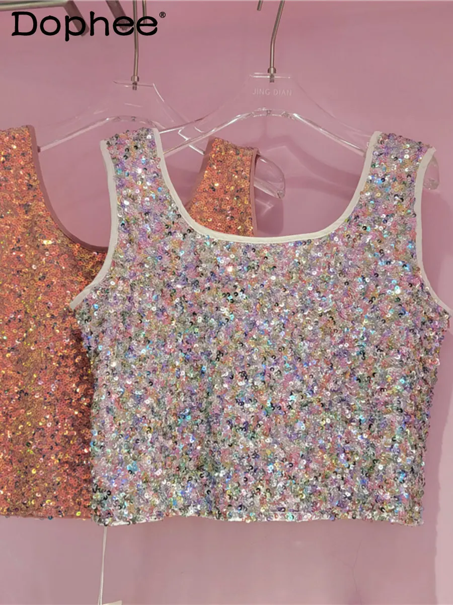 

Женский короткий топ с блестками, розовый Облегающий топ на весну и лето, 2023