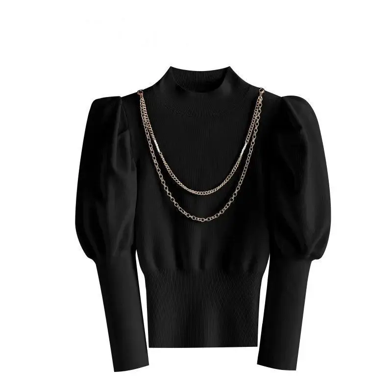 

Half high collar bubble sleeve waist closing bottoming knitwear women's autumn winter new black sweater design chain top