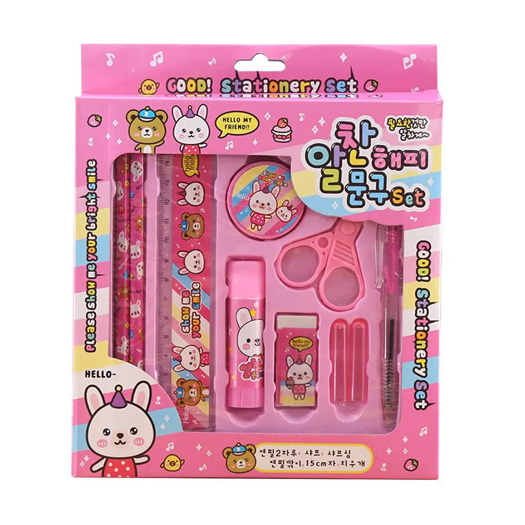 

10pcs Kids Stationery Set Girls Boys Pencil Ruler Eraser Pen Writing Instruments Study Tools Student School Supply Gifts