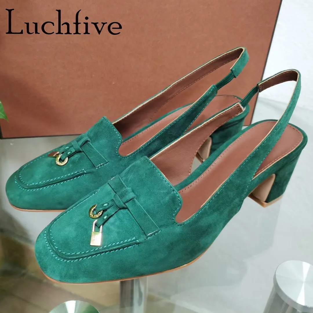 

2022 New Kid Suede Chunky Middle Heels Sandals Women Slingbacks Ladies Summer Shoes Casual Loafers Shoes Woman