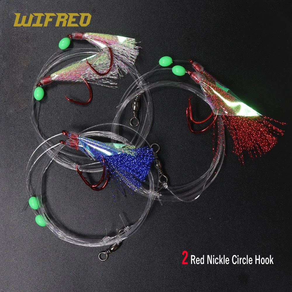 WIFREO 5 Bags 3/0 4/0 5/0 Flash Skin Sea Fishing Saltwater Sabiki Hook Rigs Red Nickle Circle Hook With Lumo Bead Tackle