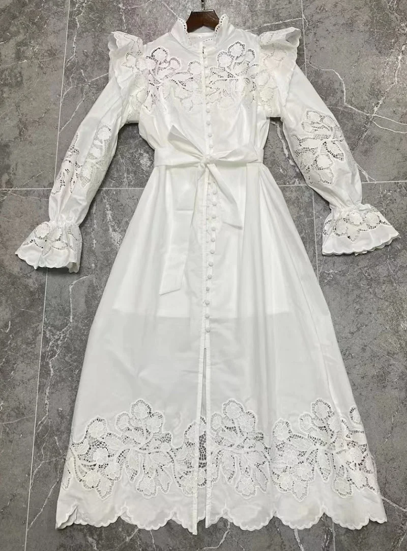 New 2023 Autumn Long Dress High Quality Women Hollow Out Embroidery Ruffle Deco Long Sleeve Elegant White Black Maxi Dress XL
