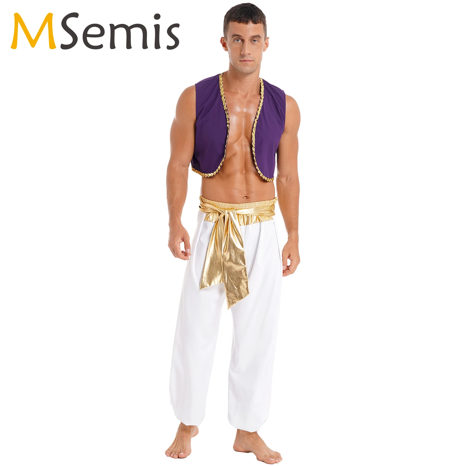 

Halloween Adult Mythical Prince Aladin Cosplay Costume Sequin Trim Waistcoat+Belted Pants Clothing Adults Performance Outfits
