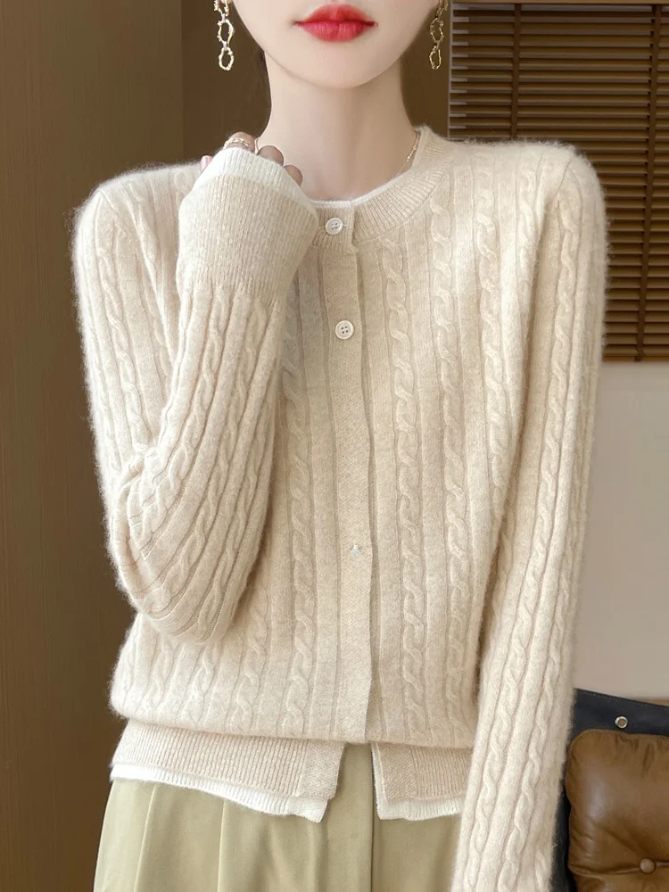 Осенне-зимний двухсекционный витой кардиган с круглым вырезом однобортный