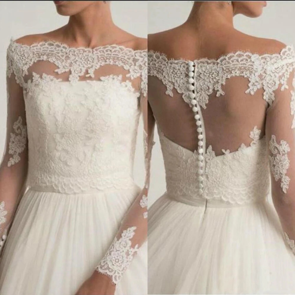 

Off The Shoulder Wedding Jackets Lace Appliques Bridal Boleros Wrap Top Long Sleeve Customized Bridal Jacket