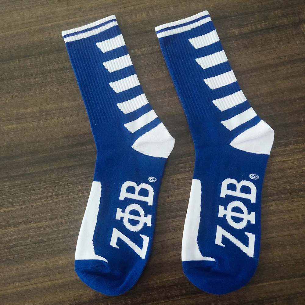 

Greek High Quality Fashion Zeta Phi Beta Sorority 1920 Logo White and Blue Custom Logo Embroidered Soccer Socks