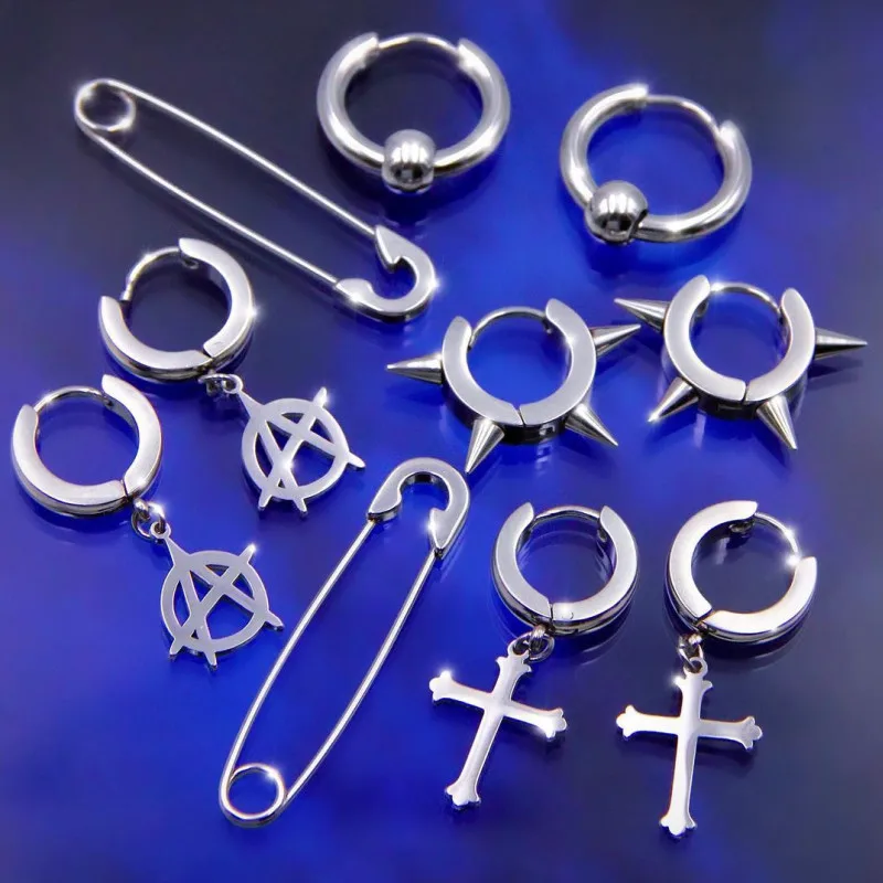 

INS Hiphop Punk Goth Cross Rivet Dangle Hoop Earrings Women Men Anti-allergic Titanium Stainless Steel Pin Cool Earrings Rings